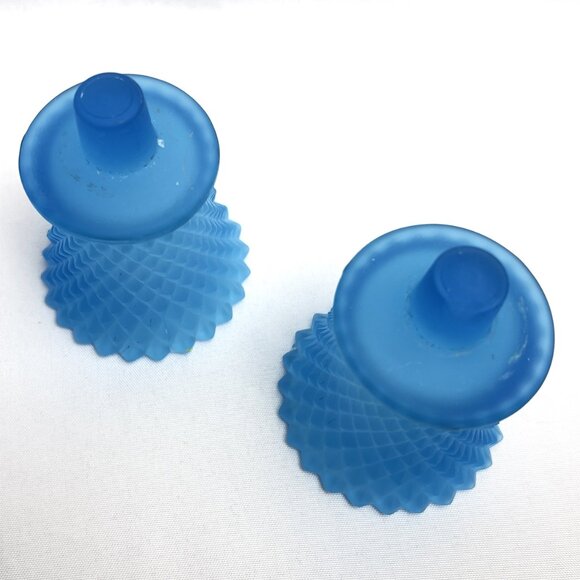 Blue Glass Vintage Candle Holder Inserts 3.5" Diamond Pattern Votive Cups 2 pcs - Picture 5 of 12